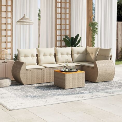 Ensemble Salon Jardin 6 Places Résine Tressée Beige avec Coussins - Table Acacia, Modulaire et Rangement
