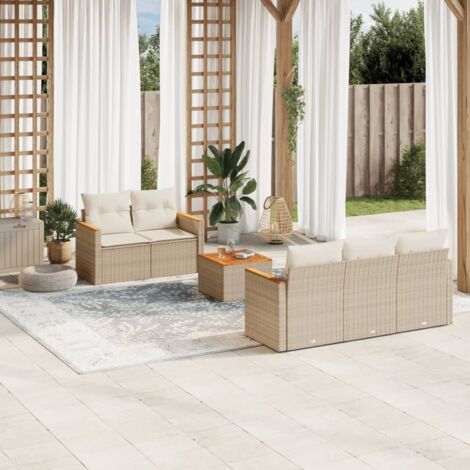 Ensemble Salon Jardin 6 Places Résine Tressée Beige avec Coussins, Table Acacia, Modulaire et Rangement Intégré