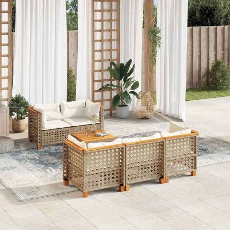 Ensemble Salon Jardin 6 Places Résine Tressée Beige avec Coussins - Table Acacia, Modulaire, Housses Lavables