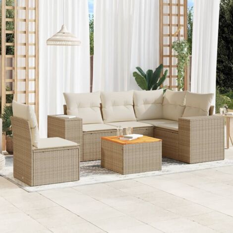 Ensemble Salon Jardin 6 Places Résine Tressée Beige avec Coussins - Table Acacia, Modulaire, Rangement Integré