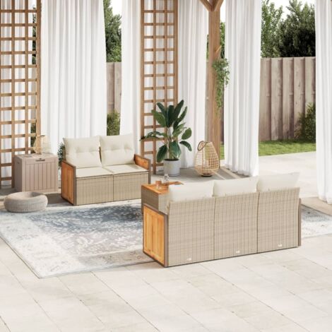 Ensemble Salon Jardin 6 Places Résine Tressée Beige avec Coussins, Table Acacia, Modulaire, Rangement Intégré
