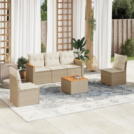 Ensemble Salon Jardin 6 Places Résine Tressée Beige avec Coussins, Table Acacia, Modulaire, Rangement Intégré