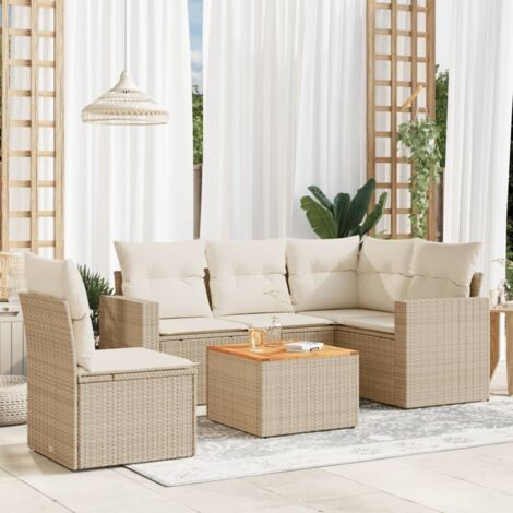 Ensemble Salon Jardin 6 Places Résine Tressée Beige avec Coussins, Table Acacia, Modulaire, Rangement Intégré, Résistant aux Intempéries