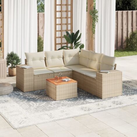 Ensemble Salon Jardin 6 Places Résine Tressée Beige avec Coussins - Table Acacia, Modulaire, Stockage Intégré