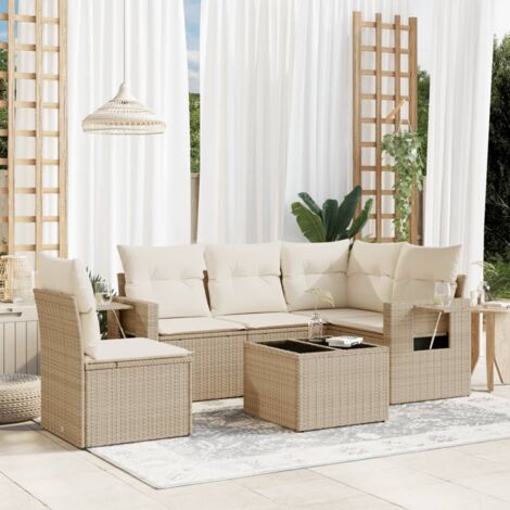 Ensemble Salon Jardin 6 Places Résine Tressée Beige avec Coussins, Table et Rangement Intégré