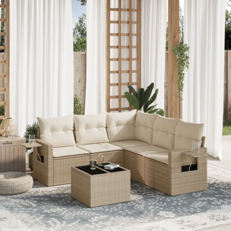 Ensemble Salon Jardin 6 Places Résine Tressée Beige avec Coussins, Table et Rangement Modulaire