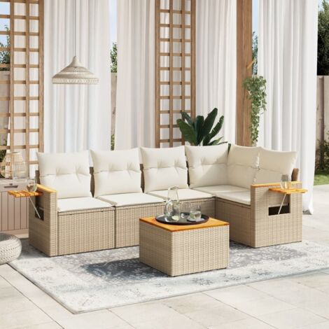 Ensemble Salon Jardin 6 Places Résine Tressée Beige avec Coussins - Table et Sièges Modulaires