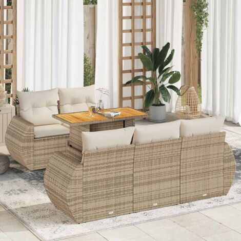 Ensemble Salon Jardin 6 Places Résine Tressée Beige avec Coussins, Table Réglable et Rangement Intégré