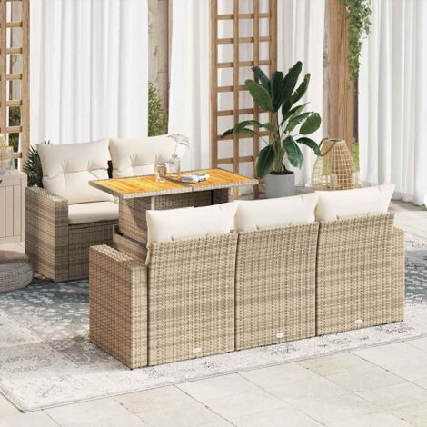 Ensemble Salon Jardin 6 Places Résine Tressée Beige avec Coussins, Table Réglable et Rangement Intégré