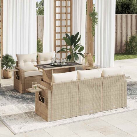 Ensemble Salon Jardin 6 Places Résine Tressée Beige avec Coussins, Table Réglable et Rangement Intégré