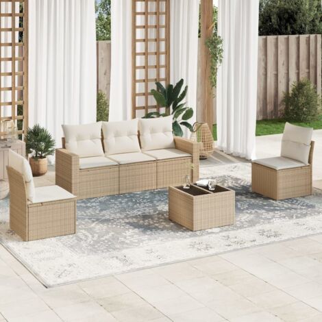 Ensemble Salon Jardin 6 Places Résine Tressée Beige avec Coussins, Table Verre Trempé, Modulaire, Rangement Intégré