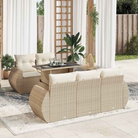 Ensemble Salon Jardin 6 Places Résine Tressée Beige avec Coussins, Table Verre Trempé, Rangement et Housse Lavable