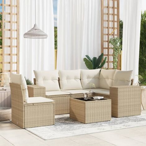 Ensemble Salon Jardin 6 Places Résine Tressée Beige avec Coussins, Table Verre Trempé, Stockage Intégré, Modulaire