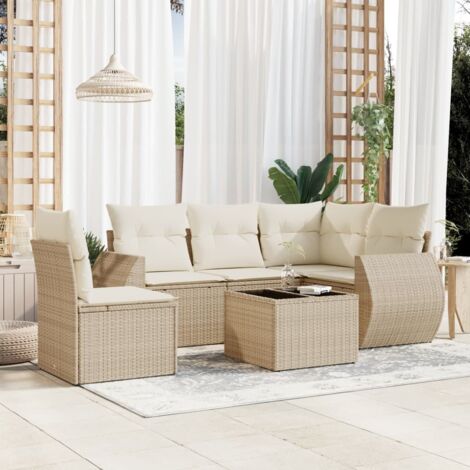 Ensemble Salon Jardin 6 Places Résine Tressée Beige avec Coussins - Table Verre Trempé, Stockage Intégré, Modulaire