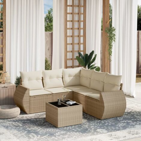 Ensemble Salon Jardin 6 Places Résine Tressée Beige avec Coussins, Table Verre Trempé, Stockage Intégré, Modulaire, Résistant aux UV
