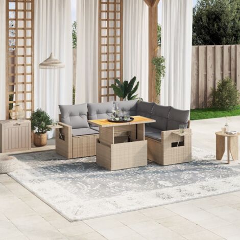 Ensemble Salon Jardin 6 Places Résine Tressée Beige avec Table Acacia et Coussins Gris Amovibles - Modulaire et Résistant aux UV