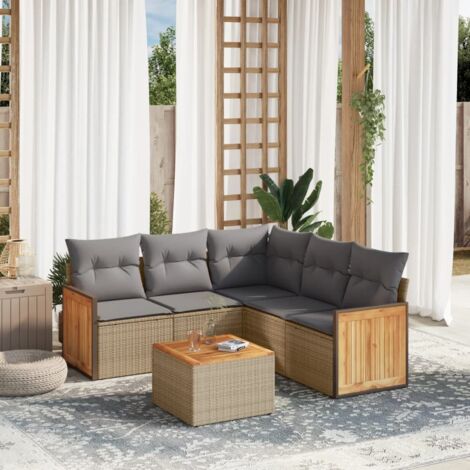 Ensemble Salon Jardin 6 Places Résine Tressée Beige avec Table Acacia et Coussins Gris Modulable