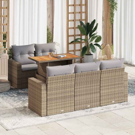Ensemble Salon Jardin 6 Places Résine Tressée Beige avec Table Acacia et Coussins Gris Modulables Stockage