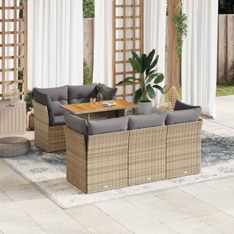 Ensemble Salon Jardin 6 Places Résine Tressée Beige avec Table Acacia et Coussins Gris, Modulaire Rangement Intégré