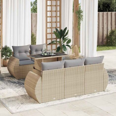 Ensemble Salon Jardin 6 Places Résine Tressée Beige avec Table et Coussins Gris - Stockage Intégré