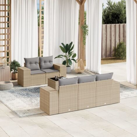 Ensemble Salon Jardin 6 Places Résine Tressée Beige avec Table Verre Trempé et Coussins Gris Amovibles