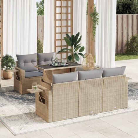 Ensemble Salon Jardin 6 Places Résine Tressée Beige avec Table Verre Trempé et Coussins Gris Stockage Intégré