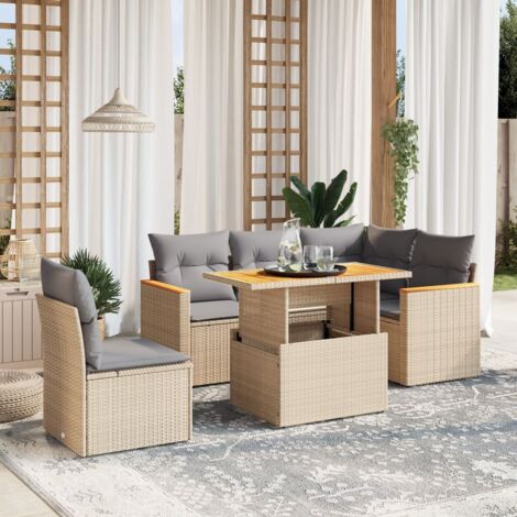 Ensemble Salon Jardin 6 Places Résine Tressée Beige - Canapé d'Angle Modulable avec Table Réglable et Coussins Gris Lavables
