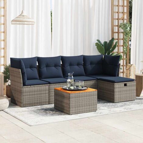 Ensemble Salon Jardin 6 Places Résine Tressée Gris avec Coussins Bleu Marine, Table Acacia Massif et Pouf Rangement Intégré