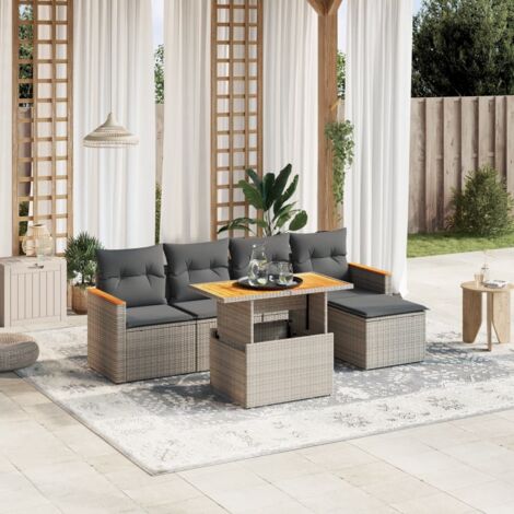 Ensemble salon jardin 6 places résine tressée gris avec coussins, table ajustable en hauteur