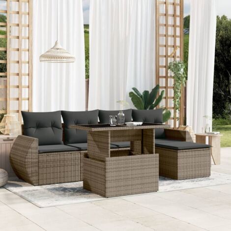 Ensemble Salon Jardin 6 Places Résine Tressée Gris avec Coussins  Table Réglable  Design Modulaire