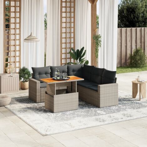 Ensemble salon jardin 6 places résine tressée gris avec table réglable et coussins déhoussables lavables - Design modulaire confortable extérieur
