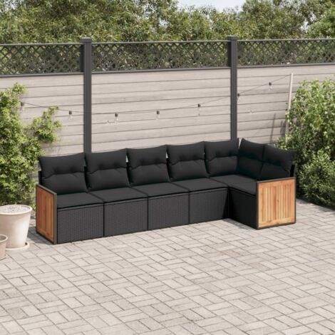 Ensemble Salon Jardin 6 Places Résine Tressée Noir avec Coussins - Canapé d'Angle, Modulaire, Housses Lavables