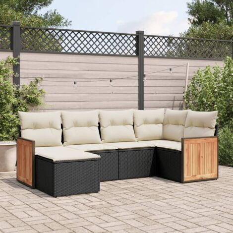 Ensemble salon jardin 6 places résine tressée noir avec coussins crème - Canapé modulaire terrasse