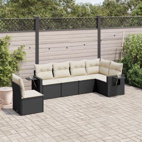 Ensemble salon jardin 6 places résine tressée noir avec coussins crème - Canapés modulables avec tables d'appoint