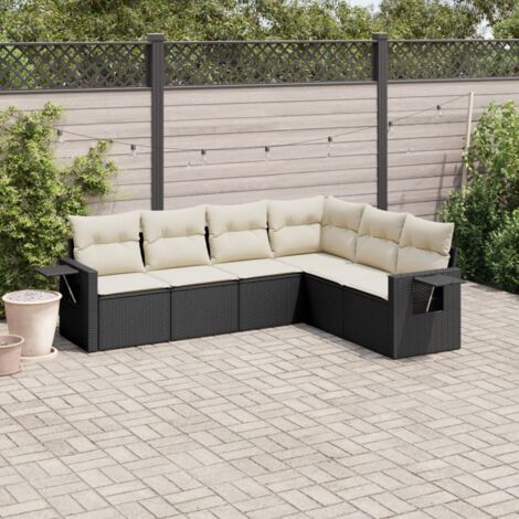 Ensemble salon jardin 6 places résine tressée noir avec coussins crème - Canapés modulables terrasse