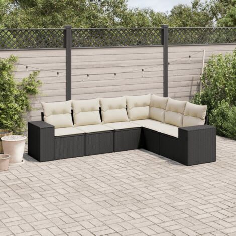 Ensemble salon jardin 6 places résine tressée noir avec coussins crème - Canapés modulables terrasse