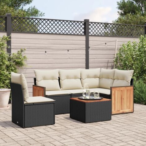 Ensemble salon jardin 6 places résine tressée noir avec coussins crème et table acacia
