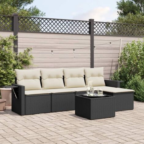 Ensemble salon jardin 6 places résine tressée noir avec coussins crème et table verre trempé