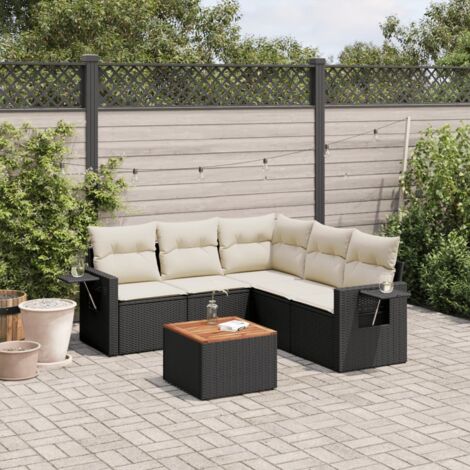Ensemble Salon Jardin 6 Places Résine Tressée Noir avec Coussins Crème - Table Acacia - Modulaire
