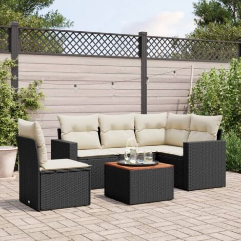 Ensemble salon jardin 6 places résine tressée noir avec coussins crème - Table acacia - Modulaire extérieur