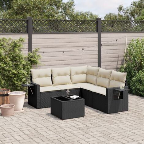 Ensemble salon jardin 6 places résine tressée noir avec coussins crème - Table et rangement intégré