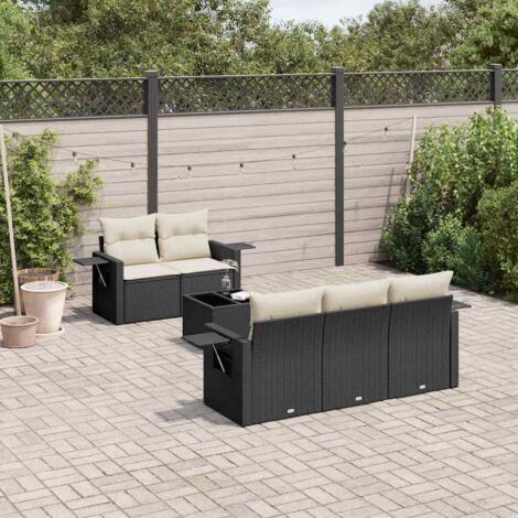 Ensemble salon jardin 6 places résine tressée noir avec coussins crème - Table inclus - Modulaire rangement intégré