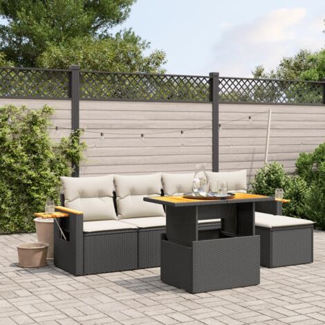 Ensemble Salon Jardin 6 Places Résine Tressée Noir avec Coussins Crème - Table Réglable et Accoudoirs Acacia