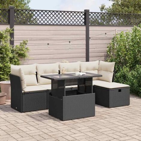 Ensemble Salon Jardin 6 Places Résine Tressée Noir avec Coussins Crème - Table Réglable et Rangement Intégré