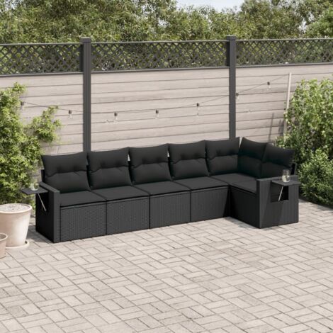 Ensemble salon jardin 6 places résine tressée noir avec coussins déhoussables - Canapés modulables terrasse
