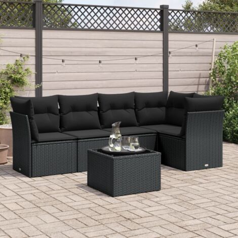 Ensemble salon jardin 6 places résine tressée noir avec coussins déhoussables et table verre trempé - Modulaire et résistant aux intempéries