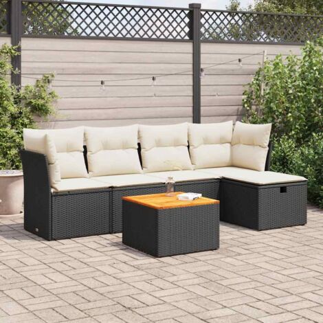 Ensemble salon jardin 6 places résine tressée noir avec coussins et table acacia - Meuble extérieur rangement intégré