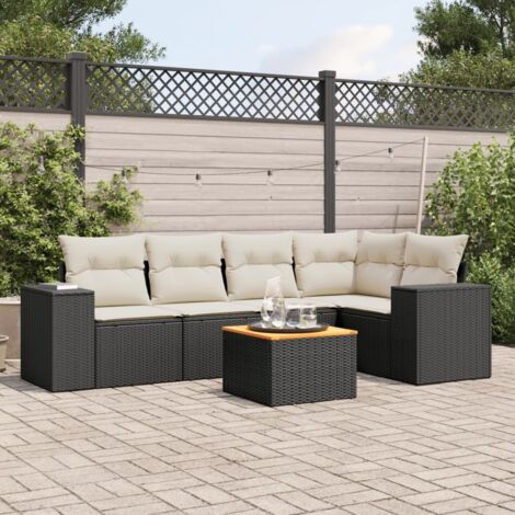 Ensemble salon jardin 6 places résine tressée noir avec coussins et table acacia - Mobilier extérieur modulaire rangement intégré