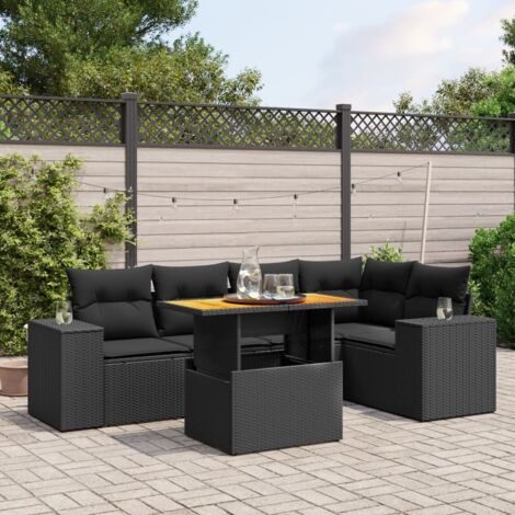 Ensemble salon jardin 6 places résine tressée noir avec coussins - Table extensible acacia et mobilier modulaire