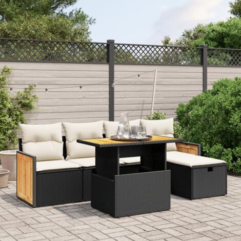 Ensemble salon jardin 6 places résine tressée noir avec coussins - Table extensible et mobilier modulaire pour terrasse